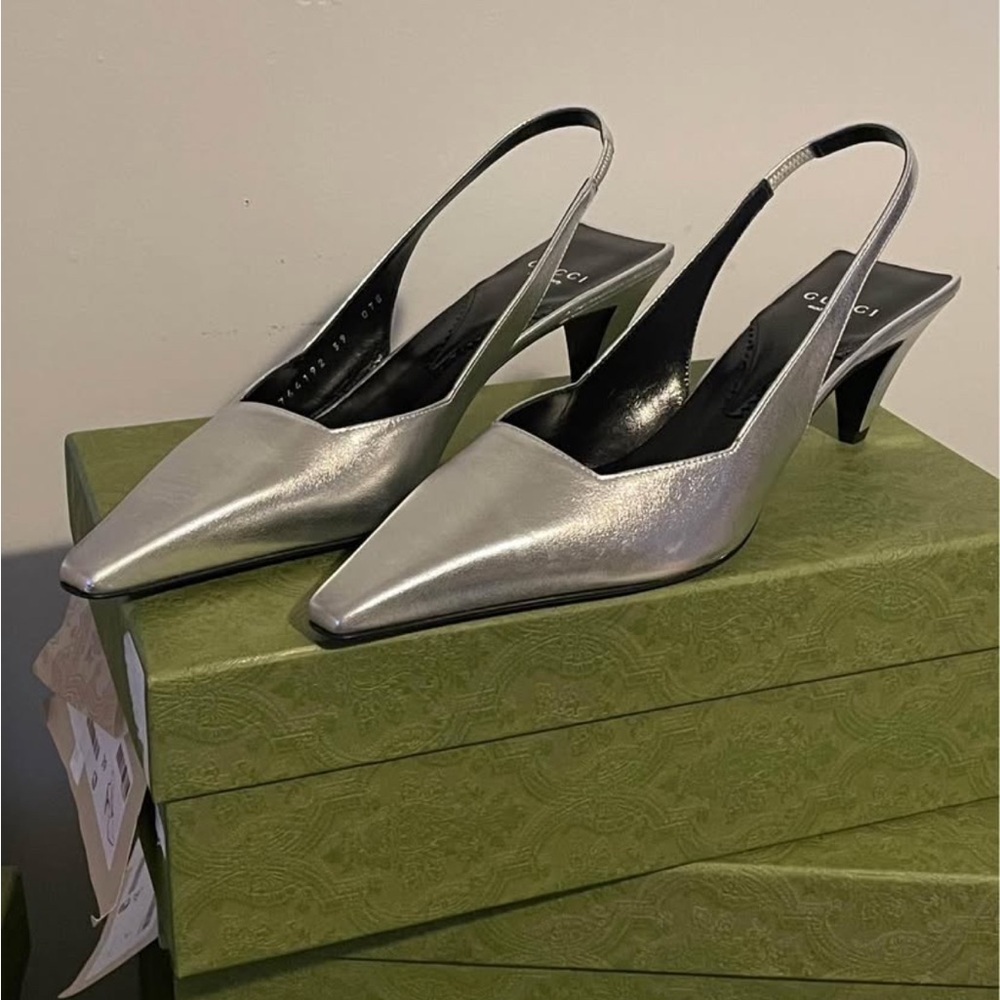 Gucci Silver Metallic Slingback Heels